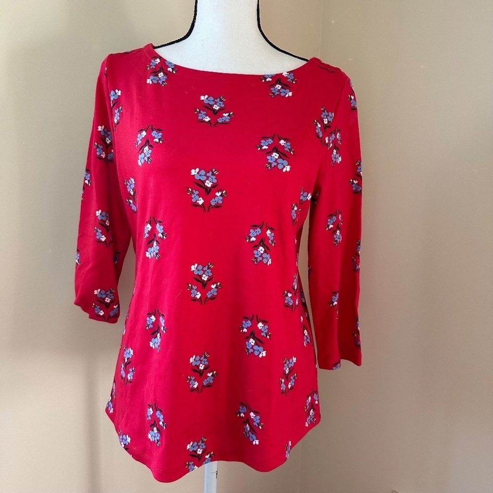 *CHARTER CLUB* Red x Blue Floral Fashion Long Sleeve Cotton Top Size Medium